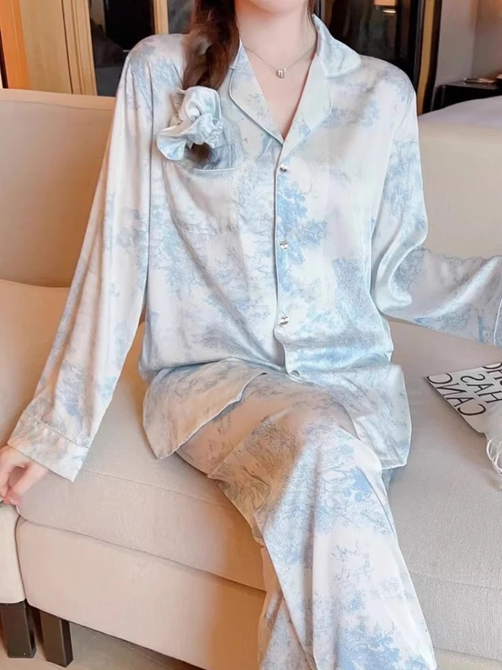 M-5xl Loose Brand Dámske pyžamy sada luxusné spánkové oblečenie hladké faux hodvábne pyžama set domáci obliekanie nočné piesne letné oblečenie