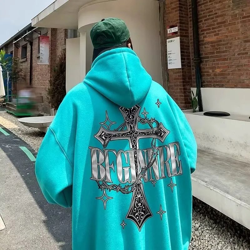 M-8XL Hoodie Men's Large Hoodie American Retro Loose Fashion High Street Cross Creass Tlate
