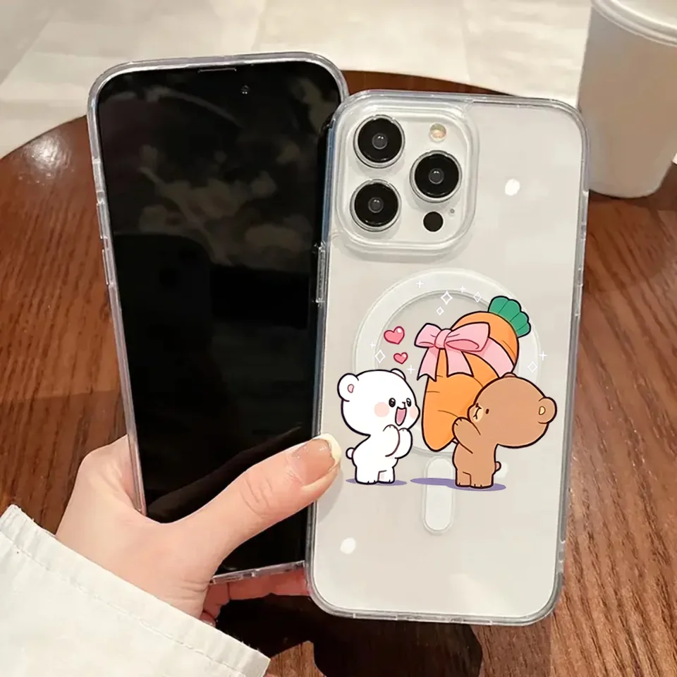 M-Milk Bear Cute Cartoon Telefón Magnetic pre iPhone 16 14 13 11 12 15 Pro Max x xr xs plus SE Soft Clear TPU kryt TPU