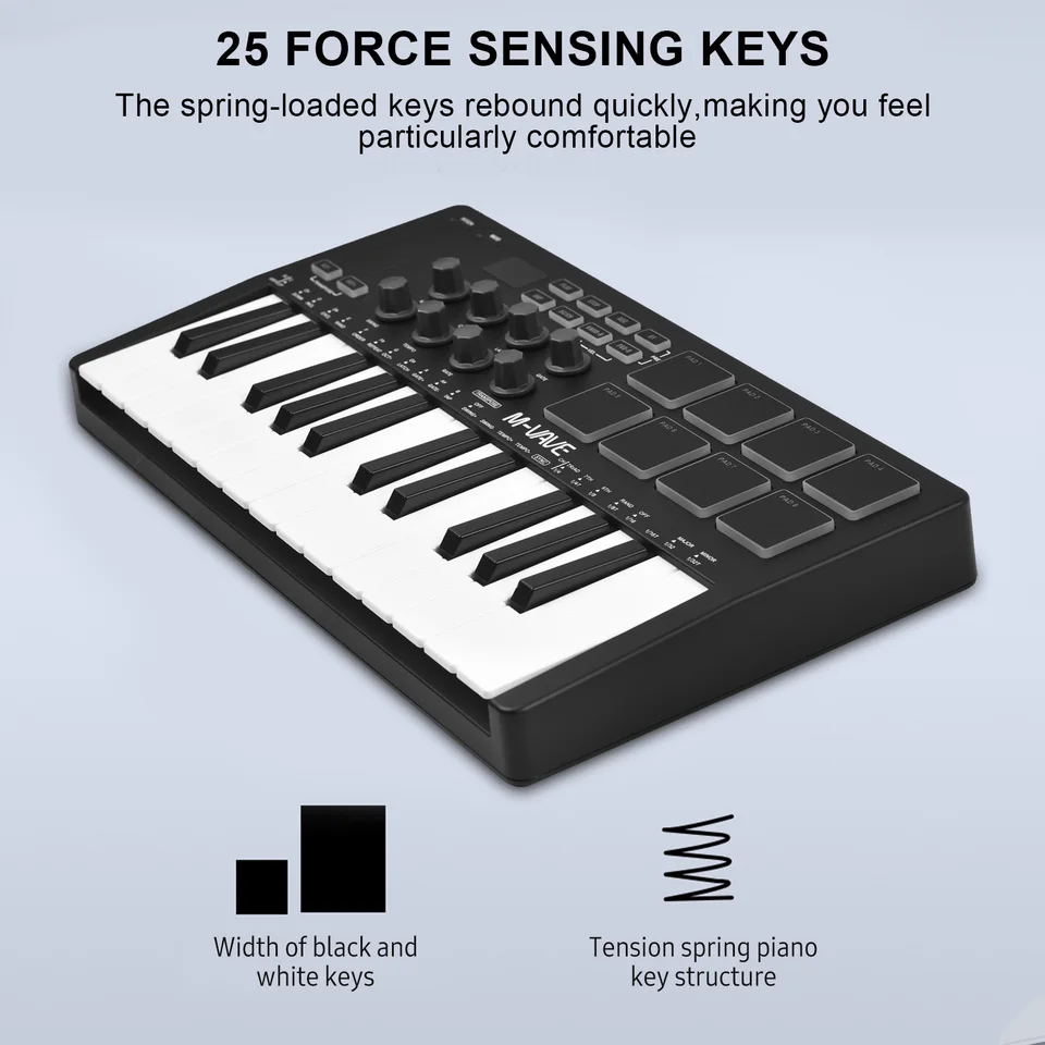 M-VAVE 25-Key MIDI Control Keyboard Mini prenosná klávesnica USB s 25 kľúčmi citlivými na rýchlosť 8 RGB podložky 8 gombíkov