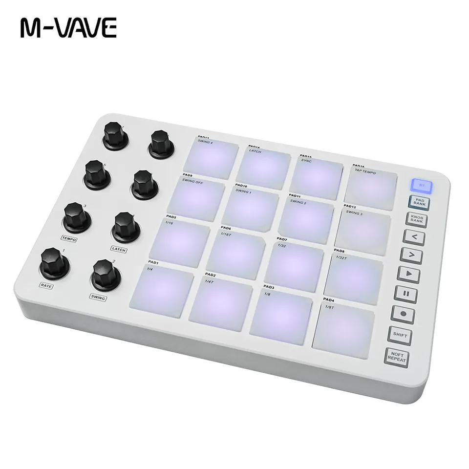 M-VAVE SMC-PAD LaunchPad USB-C a prenosný dizajn bezdrôtového midi ovládača s nabíjateľnou batériou a 16 RGB