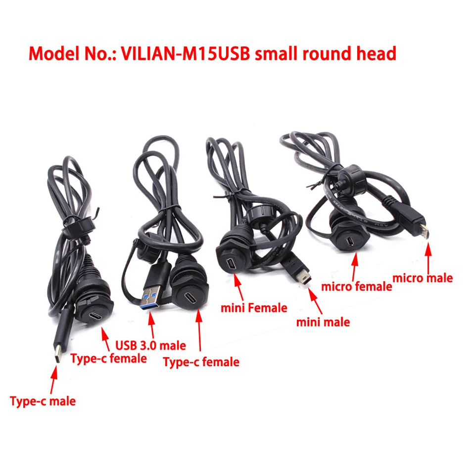 M15USB 3.0 Micro Mini Typec Malý okrúhly predlžovací kábel nepremokavý Aux Flush Panel Cable Cable pre prístrojovú dosku na motocykel lodí