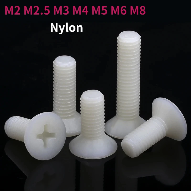 M2 m2,5 m3 m4 m5 m8 m8 biely plastový nylonový podpútavé skrutky hlavy Phillips Ploché hlavy skrutky dĺžka skrutky 4-40 mm