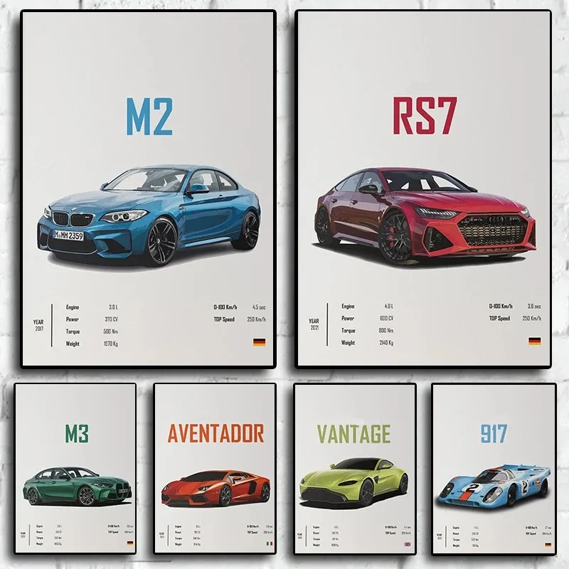 M2 M3 917 Klasické športové auto Slávny luxusný výkon automobilov Canvas Plagáty pre izbu Living Home Wall Art Decor Pictures