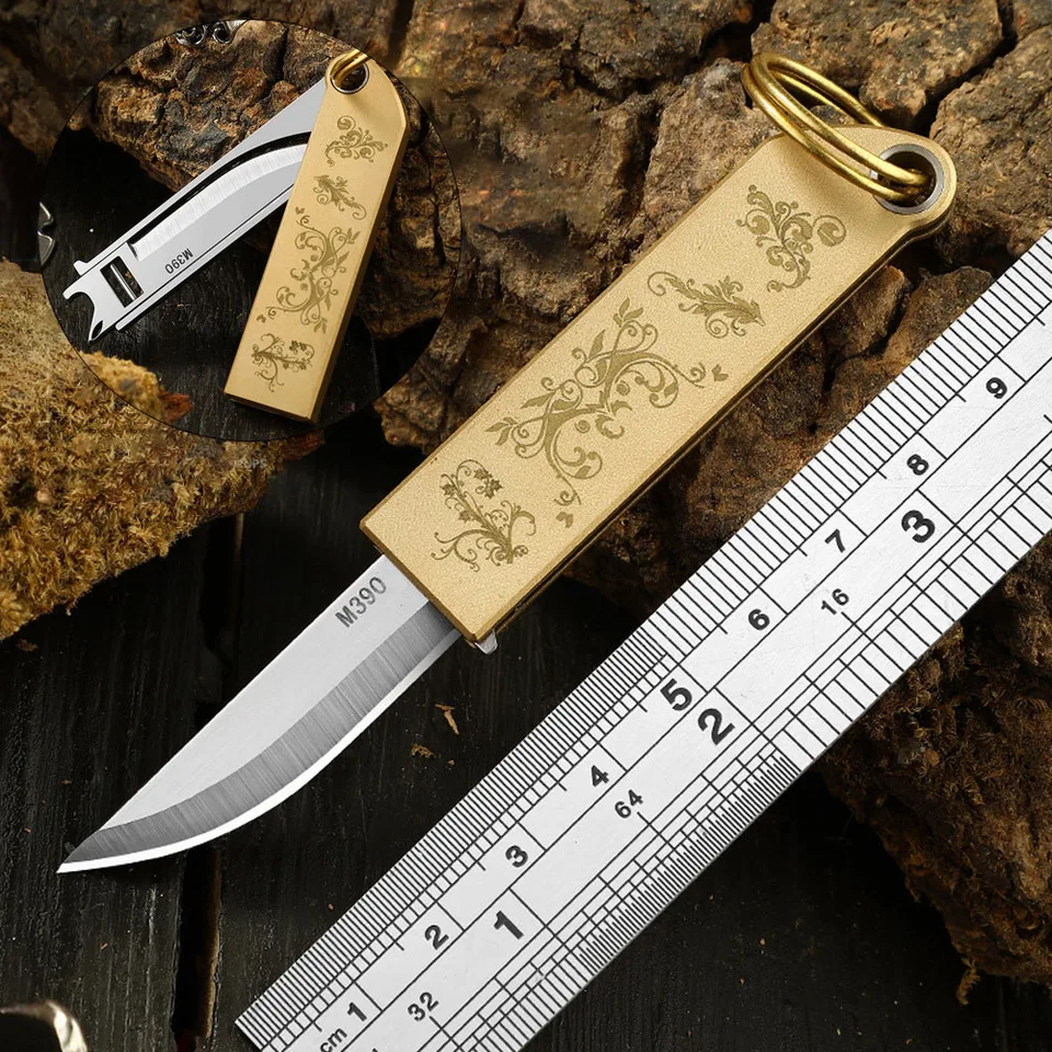 M390 Čepeľ skladací nôž sebaobrana Mosadzova rukoväť prežitia kemping Keychain Núdzový vreckový nôž prenosný mini Jackknife