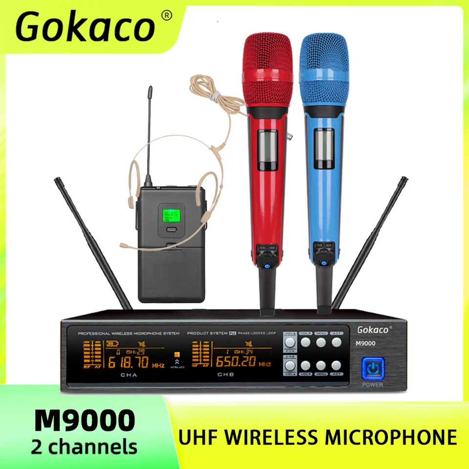 M9000 GOKACO Vysoko kvalitný UHF Profesionálny duálny bezdrôtový mikrofónový systém vreckovú náhlavnú súpravu Lavalier pre javiskový výkon