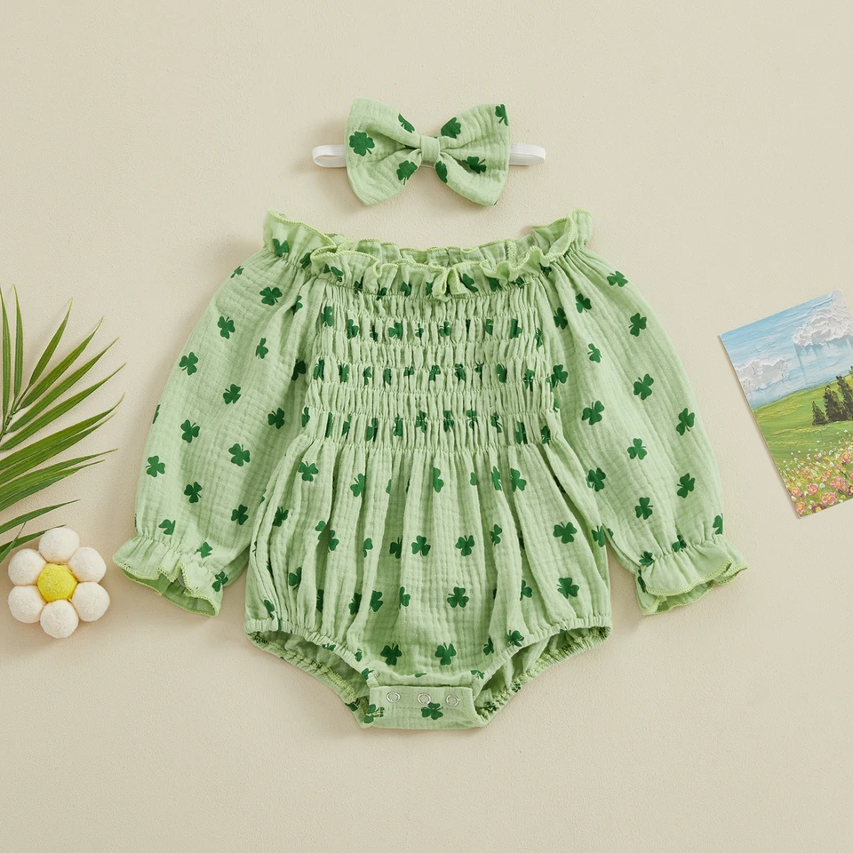 MA & Baby 0-24M St.Patrick's Day Novorodenecké dievčatko Romper Dieťa Toddler Clover Print Tlač s dlhým rukávom kombinézy Spring D05