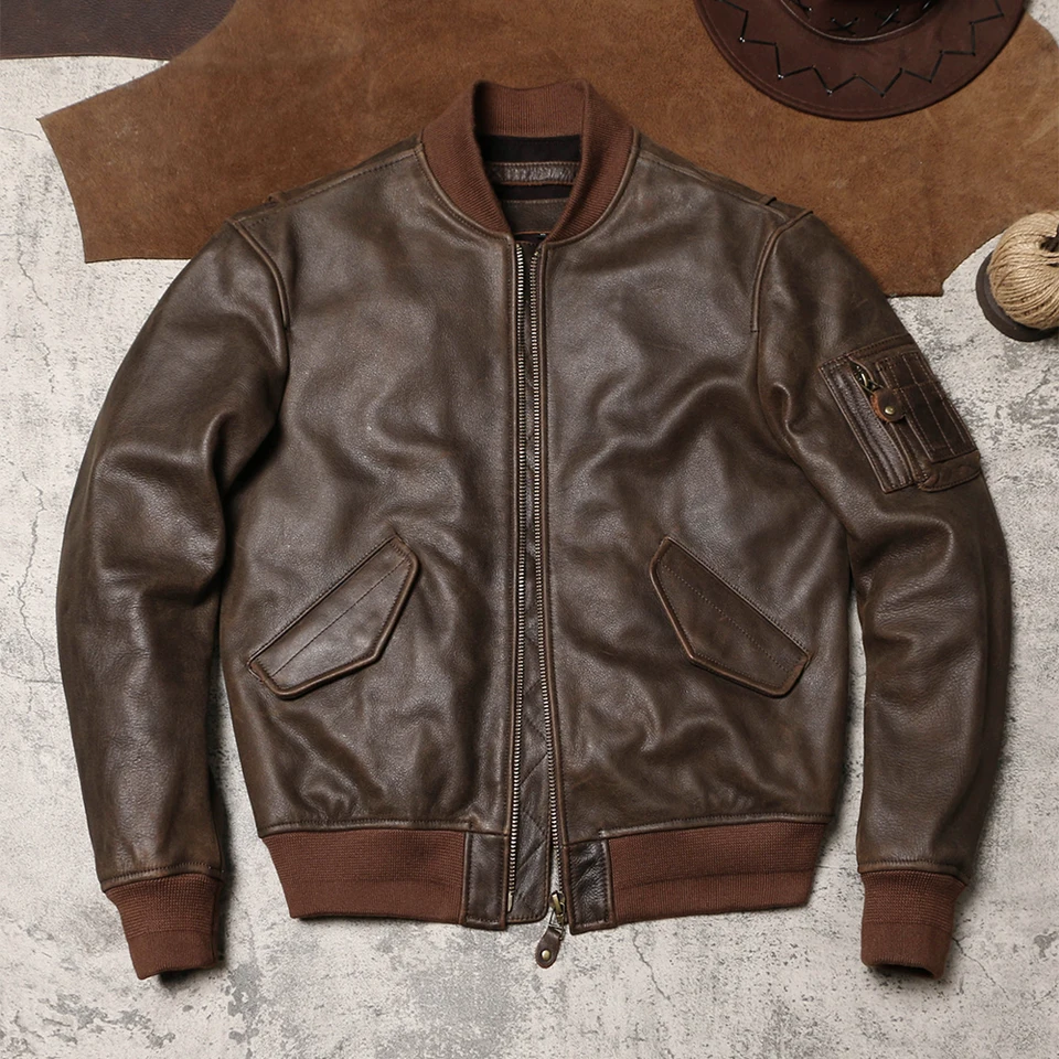 MA1 American Retro kožená bunda prasknutá, aby sa vytvoril starý mäkký cowhide letový oblek kožený kabát na jeseň a zimná baseballová uniforma