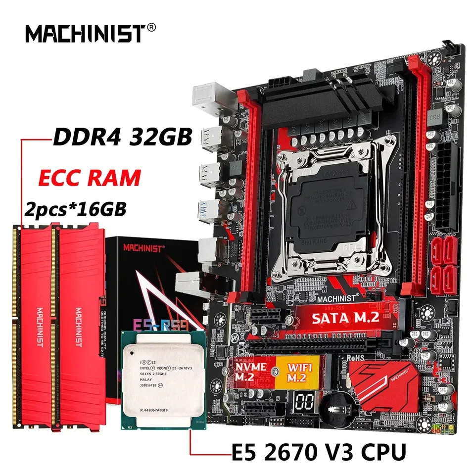 Machinista RS9 X99 Combo Combo LGA 2011-3 Set Xeon E5 2670 V3 Kit procesor CPU DDR4 32 GB RAM Pamäť NVME M.2 Štyri kanály