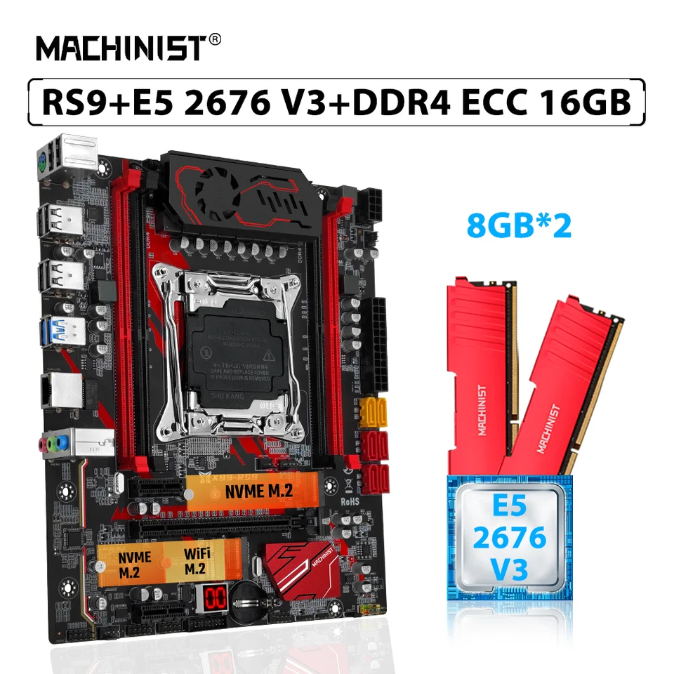 Machinista X99 RS9 Set LGA 2011-3 Kit Xeon E5 2676 V3 Procesor CPU 16GB = 2*8 GB DDR4 ECC Pamäť RAM WIFI M.2 SATA NVME