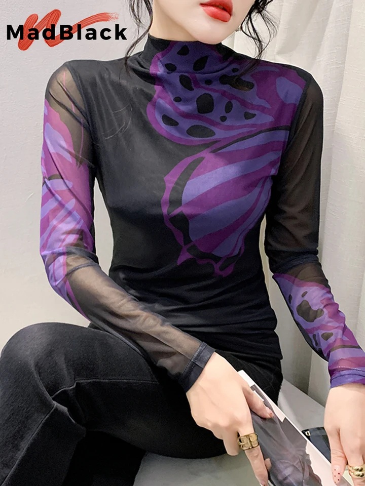 Madblack European Clothes Tshirt Dámske dámske polohy Turtleneck Polota