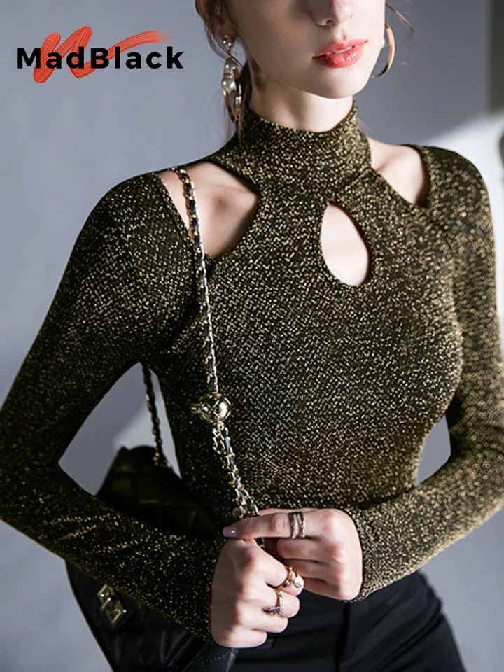 Madblack európske oblečenie Tričko sexy duté lesklé lurex ženské štíhle pletivé vrcholy s dlhým rukávom TEE Jeseň zima t3n911jc