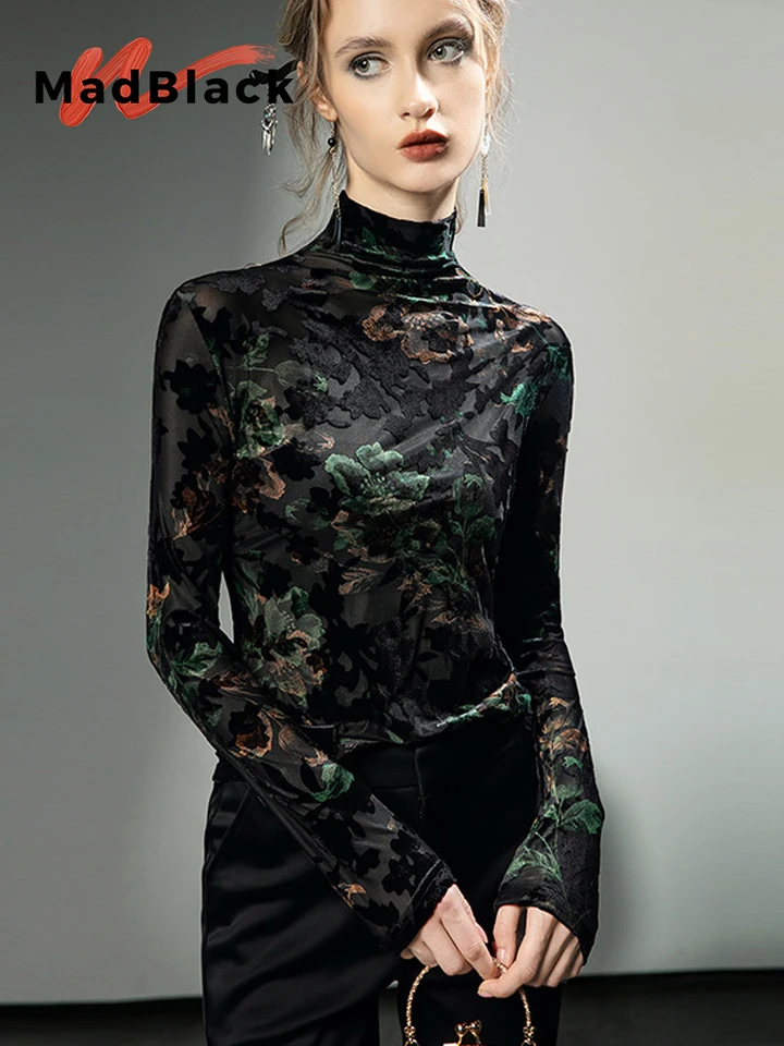 Madblack, európske tričko Flocking, sexy ženy Mock krk vyšíva Jacquard Top, Slim Tee s dlhým rukávom, jeseň zima T49713cc