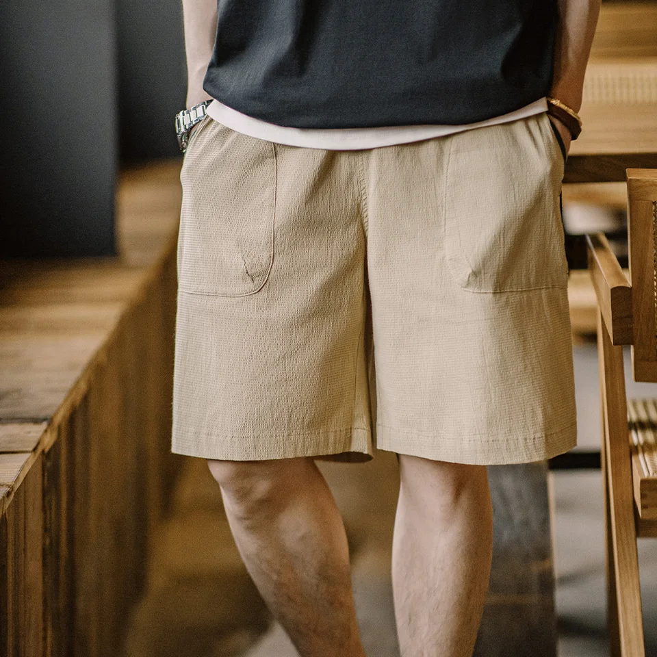 Maden Casual Seersucker Texture Thorts Kontrastujúce farby tenké priedušné rovno s elastickými nohavicami na plážových pásoch pre mužov