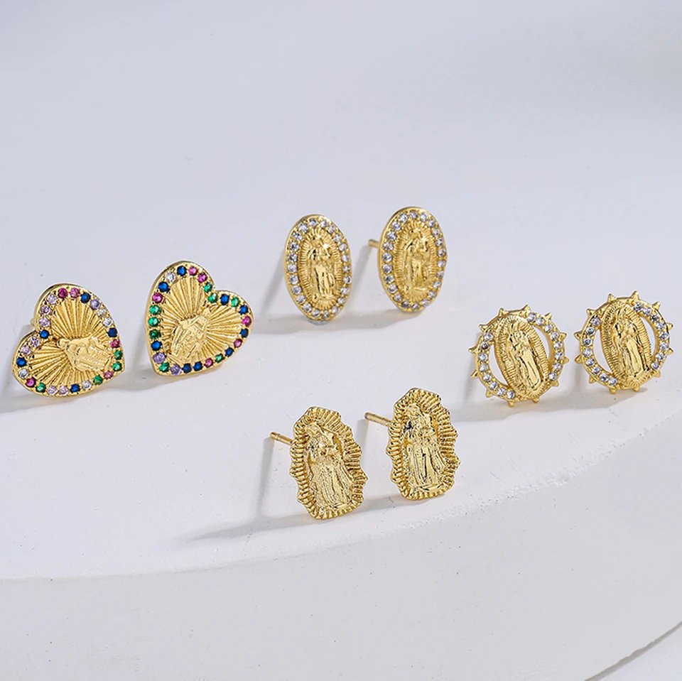 Mafisar Copper cz zirkon zlatá farba Panna Mary náušnice Round Oval Heart Stud Cuuns pre ženy módne náboženské šperky