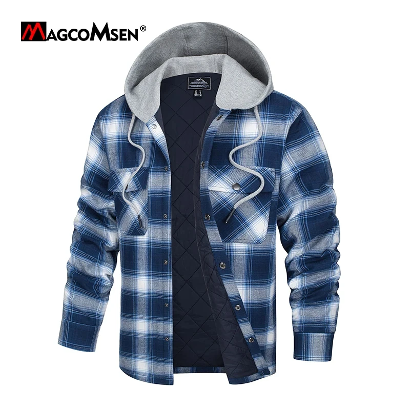 Magcomsen Pánske s kapucňou flanel bunda Zimný teplý kabát Jeseň Plaid Shetchet Windbreaker s kapucňou