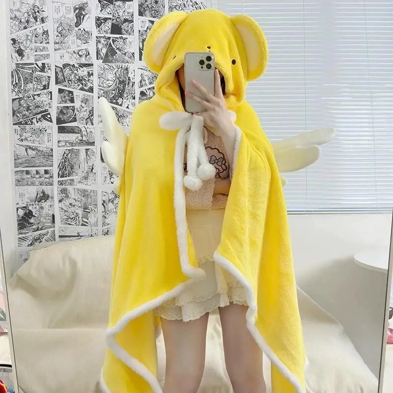 Magic Mori Girl Style s kapucňou plyšová klimatizácia prikrývka Y2K Plys s kapucňou s krídlami Trendom anime zdriemnuté plášťový plášť