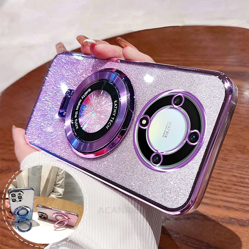 Magic5Lite Glitter Platuing Držiteľ Silikónový puzdro pre Huawei Honor Magic 5 6 Magic5 Lite X9A X9B X8 X8A X8B Stand Cover Magic6Lite