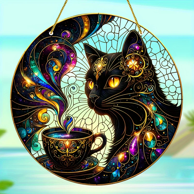 Magická čierna mačka Suncatcher Farebné umenie vitráže v štýle skla visí pre verandu záhradnú domácu dovolenku alebo darček pre domácnosť