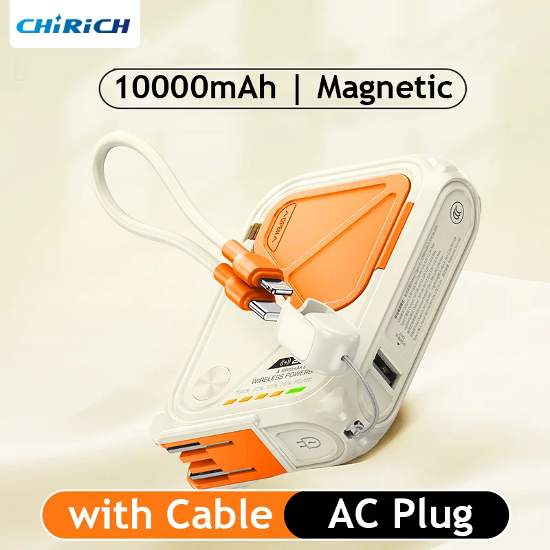 Magnetická 10000 mAh bezdrôtová banka Bank PD20W Rýchle nabíjanie pomocou káblového striedavého zátky Skladacie stojany Externá náhradná batéria pre iPhone