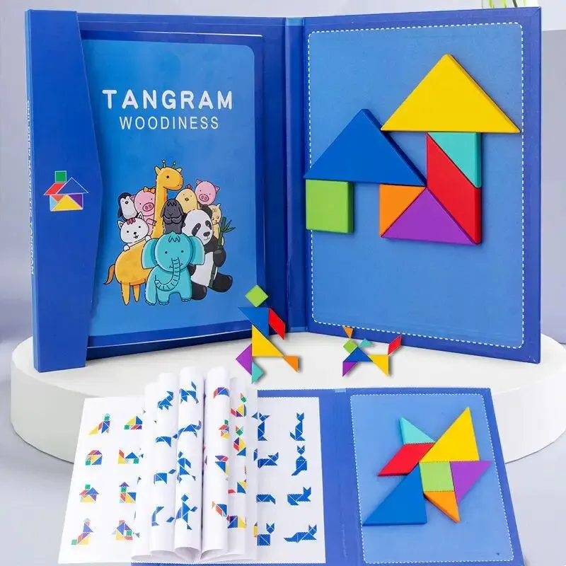 Magnetická 3D skladacia kniha Geometrické tvary Tangram Jigsaw Board Kids Montessori Games baby vzdelávacie drevené hračky darčeky pre deti