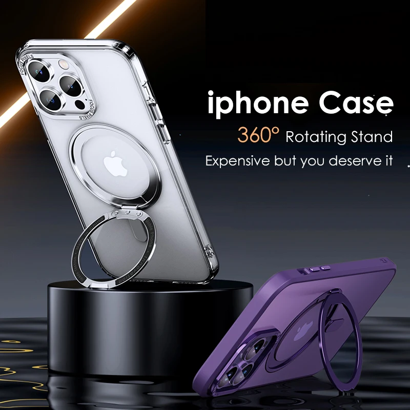 Magnetické 360 ° Rotačné stojanové puzdro pre iPhone 11 12 13 14 15 16 Pro Max 16Plus s držiakom prsteň na mašivý priehľadný kryt