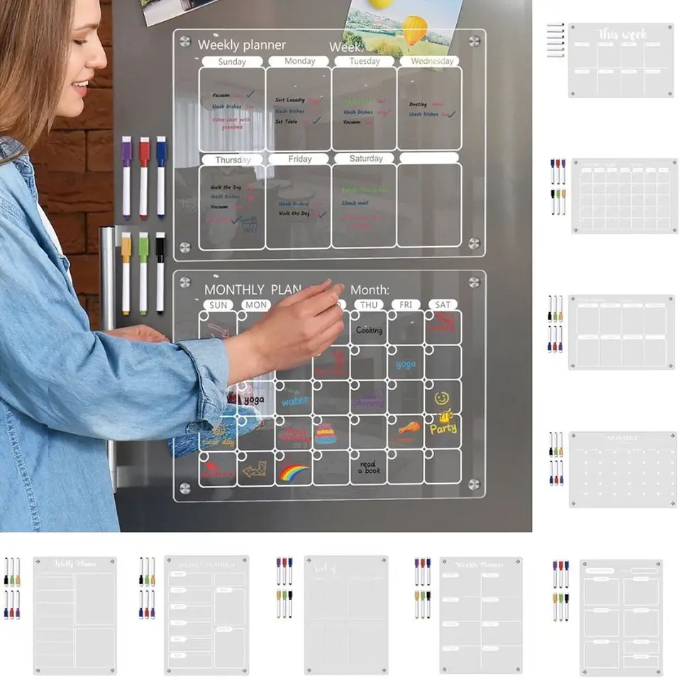Magnetické akrylové vymazanie dosiek Vymazanie jasného bezrámového mesačného kalendára Memo Opätovné použitie 6 značiek poznámka Blackboard Set Office Office