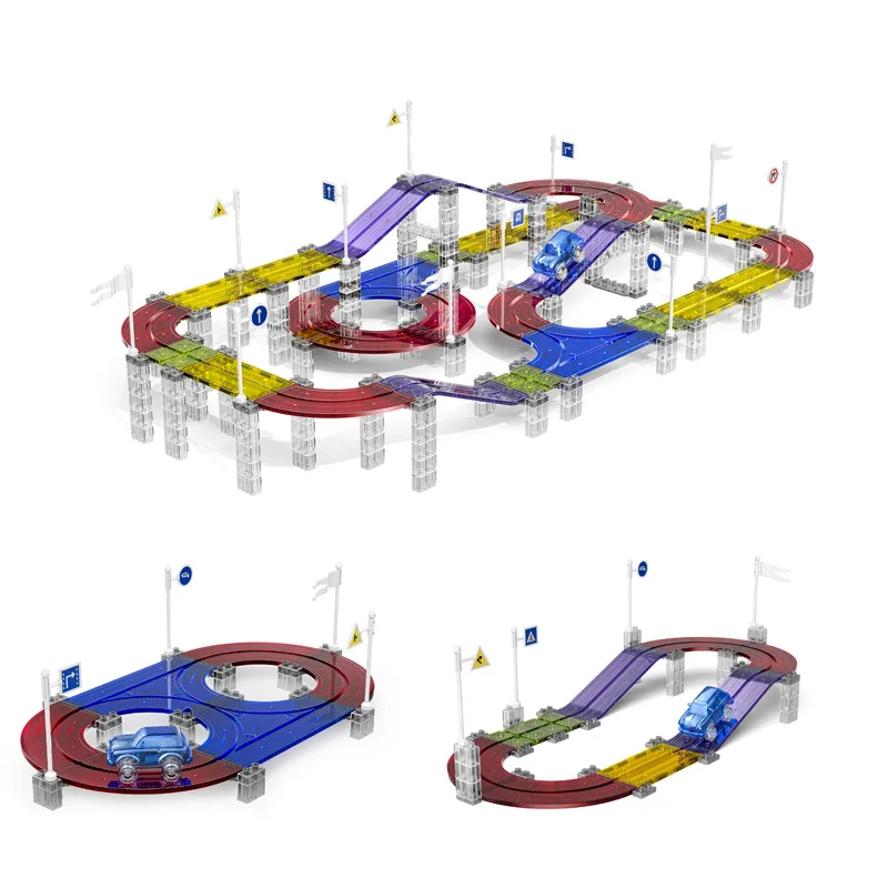 Magnetické budovy s elektronickými LED ľahkými autami Zostava Puzzle Track Track Pipe Hand-Eye Coordination Hračky Hračky pre deti narodeniny darček k narodeninám