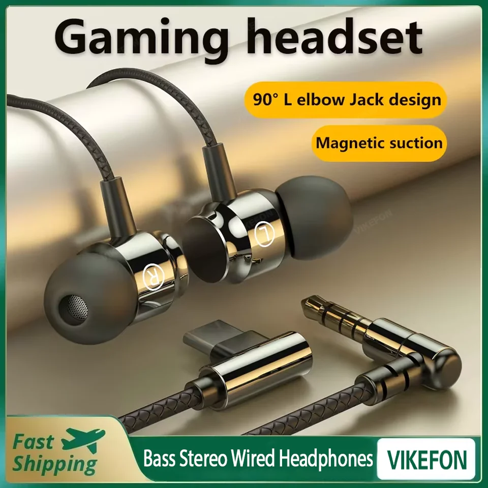 Magnetické káblové herné slúchadlá L Jack Hiif Bass Stereo Music Headset 3,5 mm slúchadlá typu-C pre mobilné telefóny a počítač