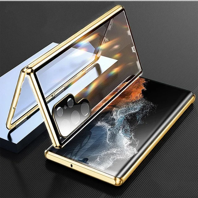 Magnetické obojstranné temperované sklo puzdro pre Samsung S23 S22 Ultra S21 plus anti-pádový kovový kryt kovový nárazník Ochrana objektívu