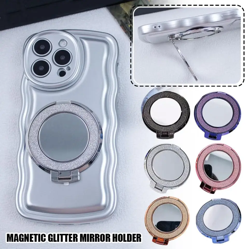 Magnetické trblietavé zrkadlo Rám s lepiacimi spona slepkami na make -up mobilné zrkadlo s dievčatami Multifunkčný G6V3