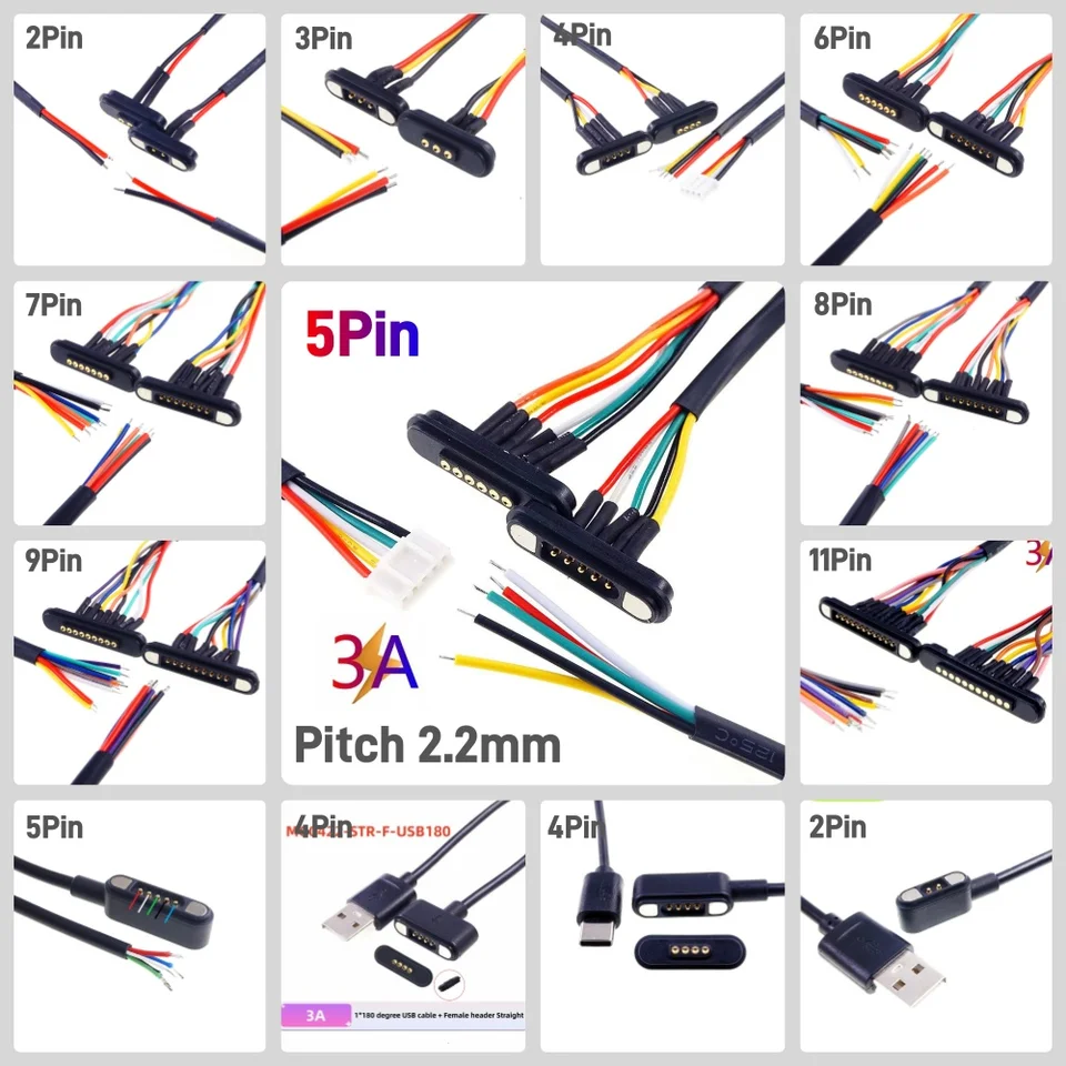 Magnetický konektor 2 3 4 5 6 7 8 9 11 11 PINS POGO PIN SMENNÝ POOGOPIN Mužský podložka 2,2 mm mriežka 12V 3A DC Power Wire USB
