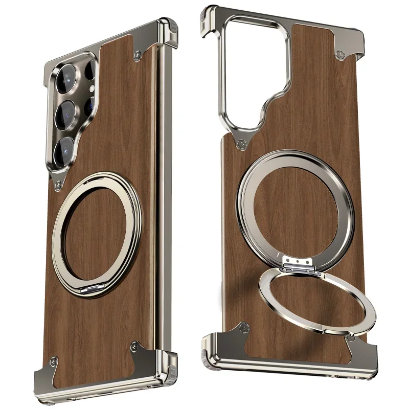 Magnetický magsafe puzdro pre Samsung Galaxy S24 Ultra 360 ° Rotačná konzola Walnut Wood Kov zliatlivý Ráme