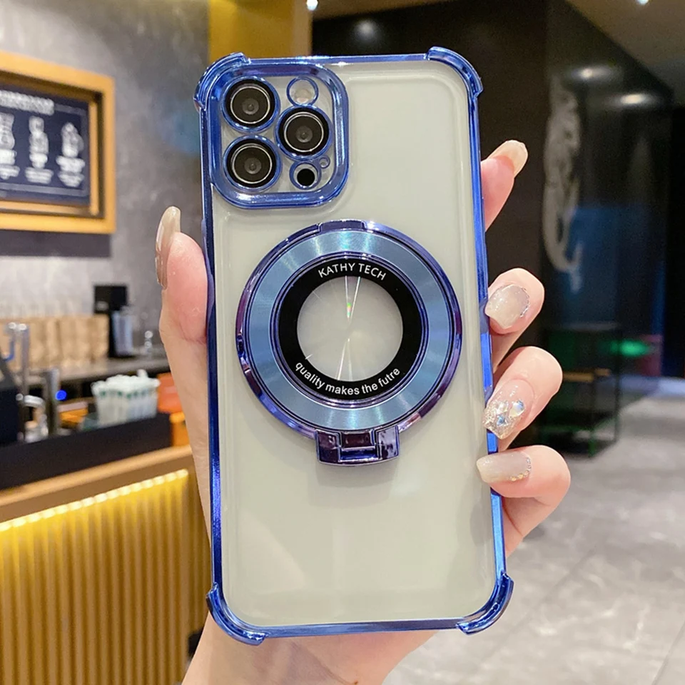 Magnetický stojan Transparentné puzdro na pokovovanie telefónu pre iPhone 16 15 Pro max 14 13 12 11 x xr xs 7 8 plus SE