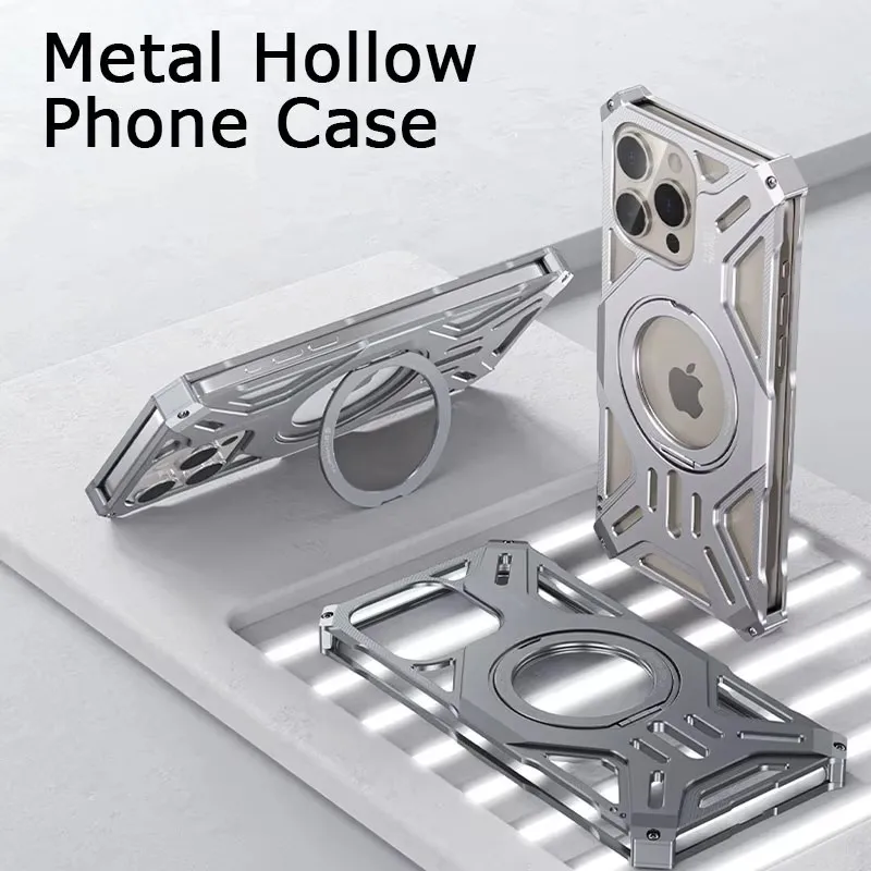 Magnetický stojanový kovový puzdro pre iPhone 13 14 15 Pro Max Plus duté luxusné hliníkové zliatinové kryt