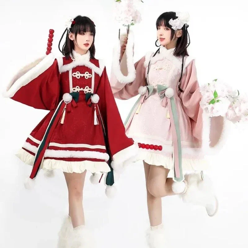 Magogo Vintage lolita op šaty Ženy Nový rok Sladký luk rukáv Rukáv kožušiny Collar Ruffles Patchwork zahusťované párty šaty faldas