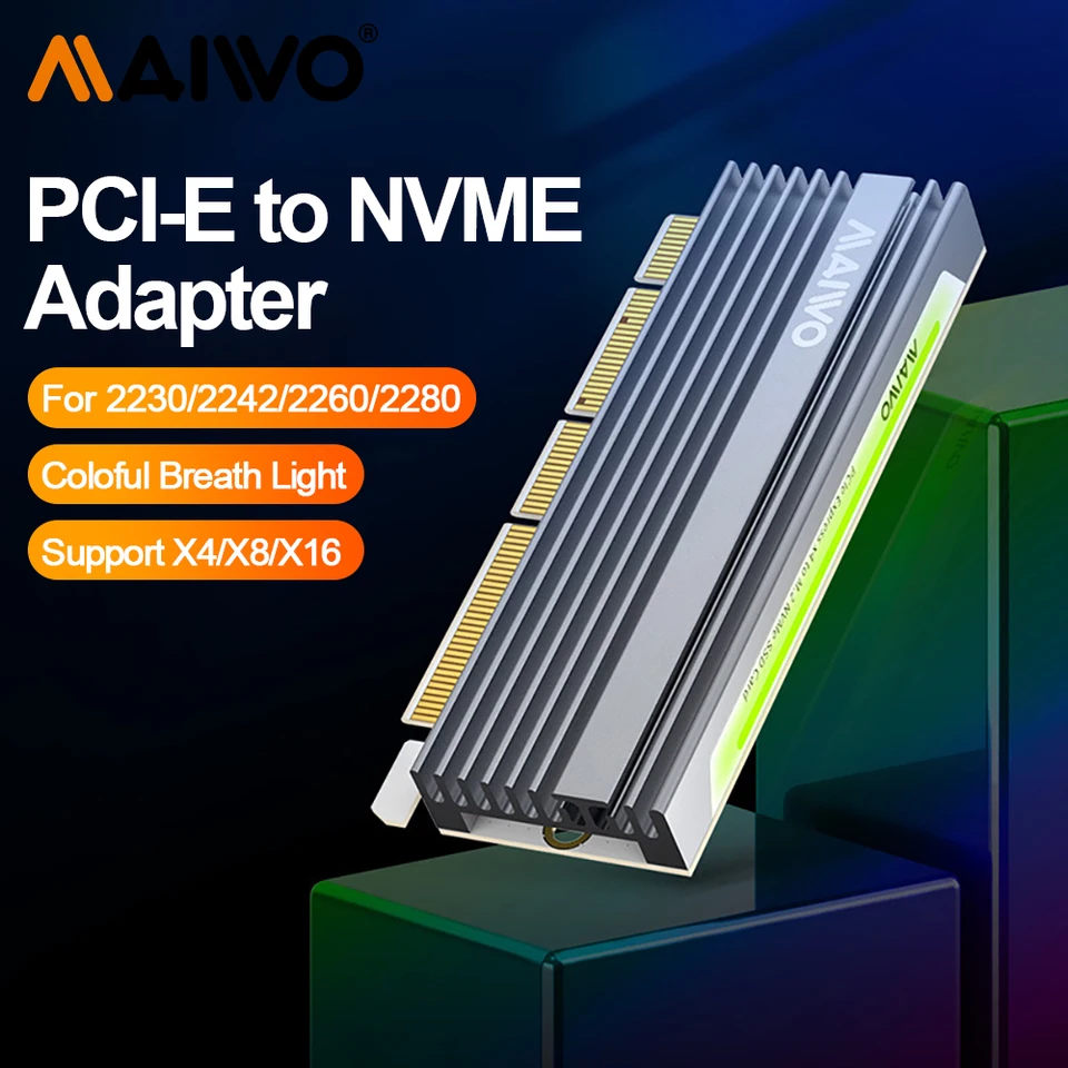 Maiwo M.2 NVME SSD Adapter Expansion Card NVME na PCIE X4 X8 X16 CONVERTER CART s indikátorom RGB HLIVE