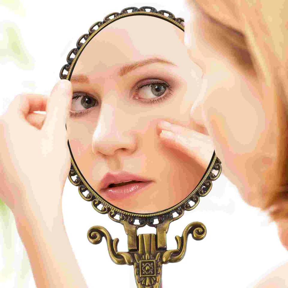 Make -up horného zrkadla s rukoväťou prenosný cestovný základný ručný vreckový vreckový vintage retro slečna