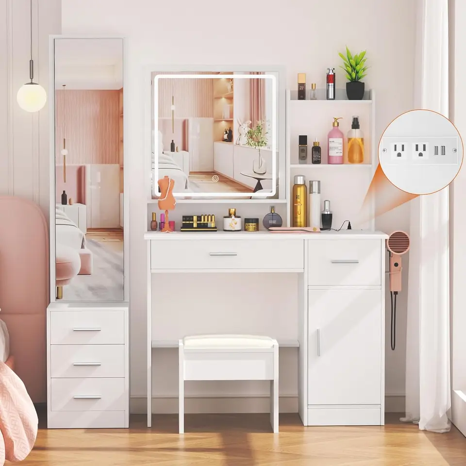 Make -up márnosť so svetlami a 2 zrkadlo, biela márnosť stola s 3 režimami osvetlenia a stoličkou, veľký toaletný stolík so zásuvkami