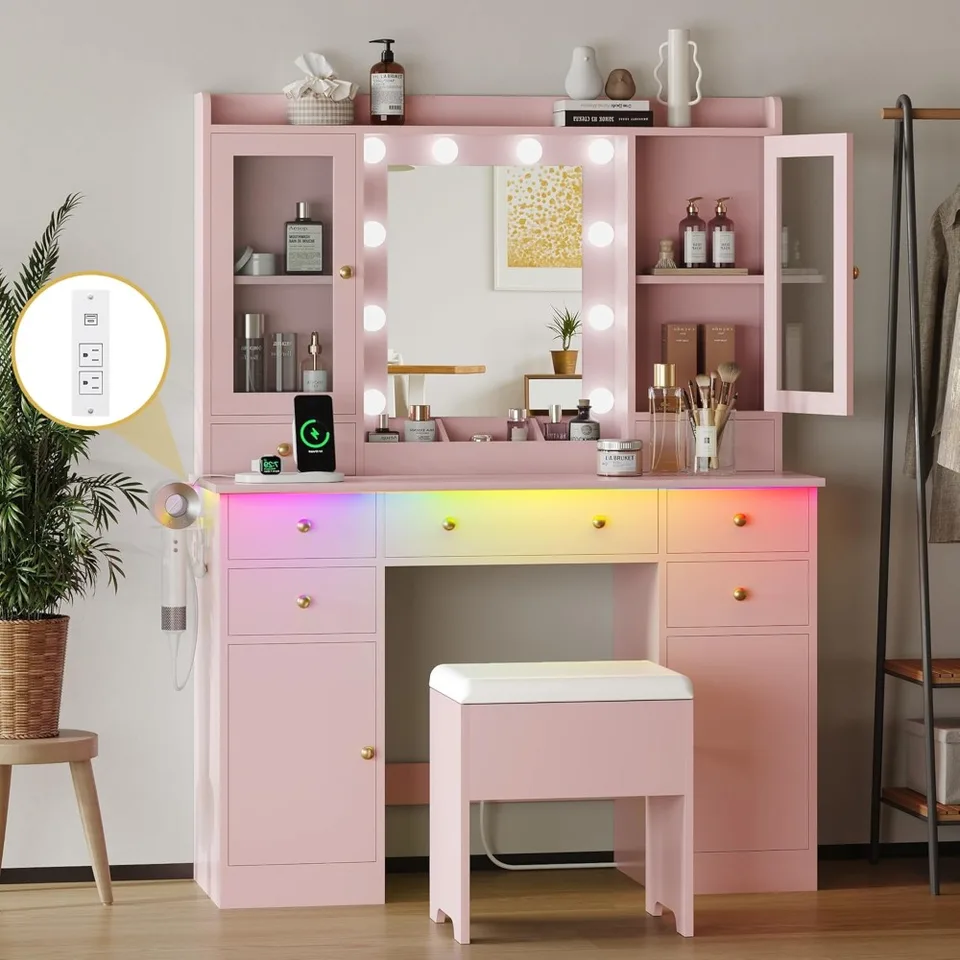 Make -up márnosť so zrkadlom a svetlami márnosť stola so súprava s úložnými zásuvkami pre dievčatá