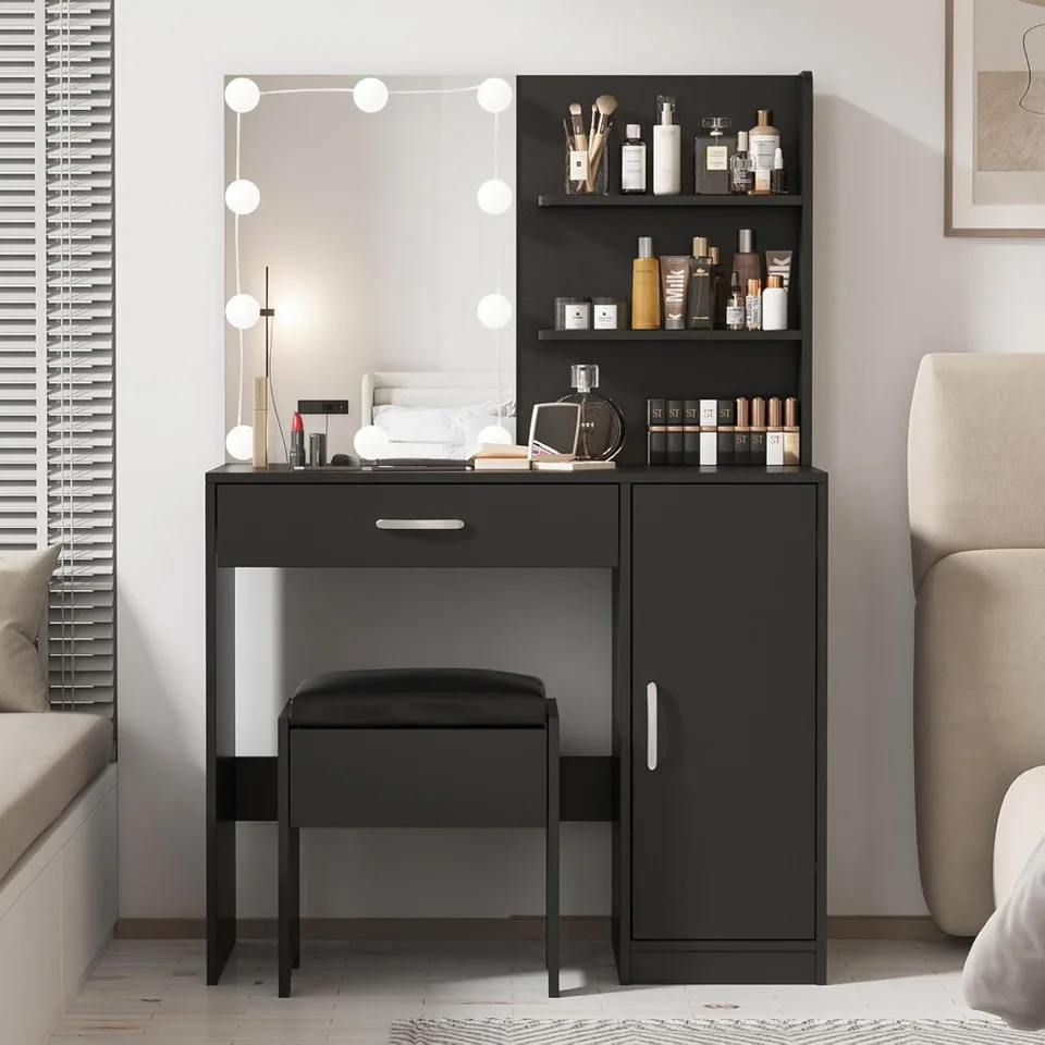 Make -up stôl so zrkadlom lampy, zásuvkou na stôl, úložnej skrinke, vhodné pre spálňu