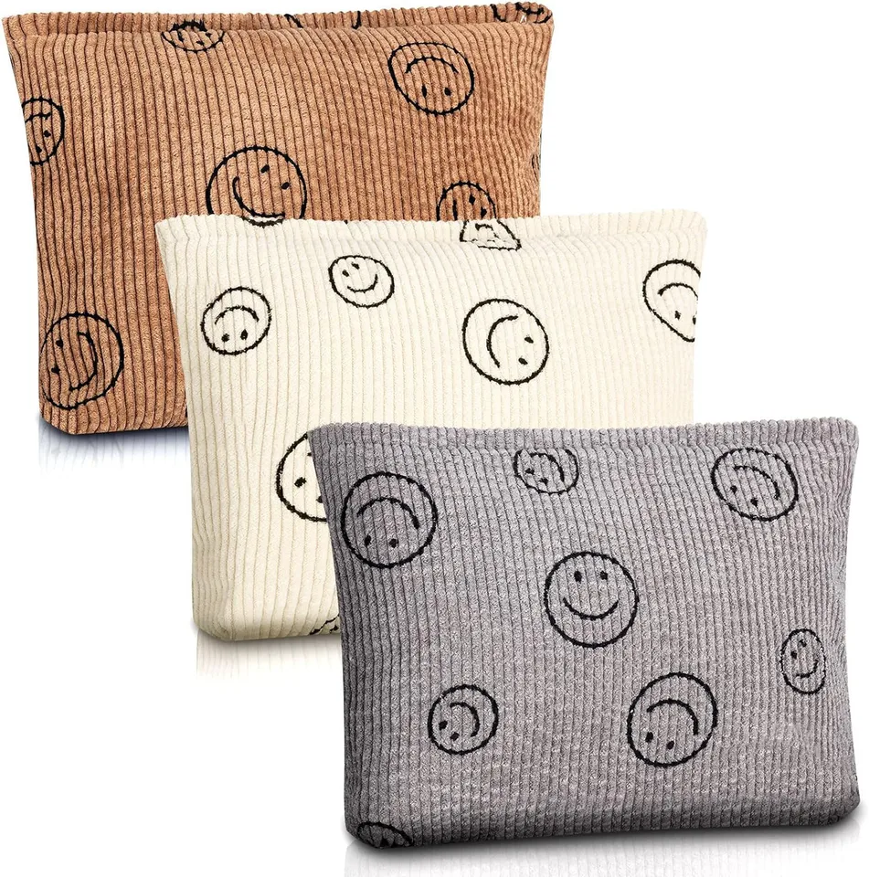 Makeup Bag pre ženy - kozmetické tašky Corduroy Estetický dizajn Dámske tašky, roztomilý organizátor make -upu s smajlíkom so zipsom