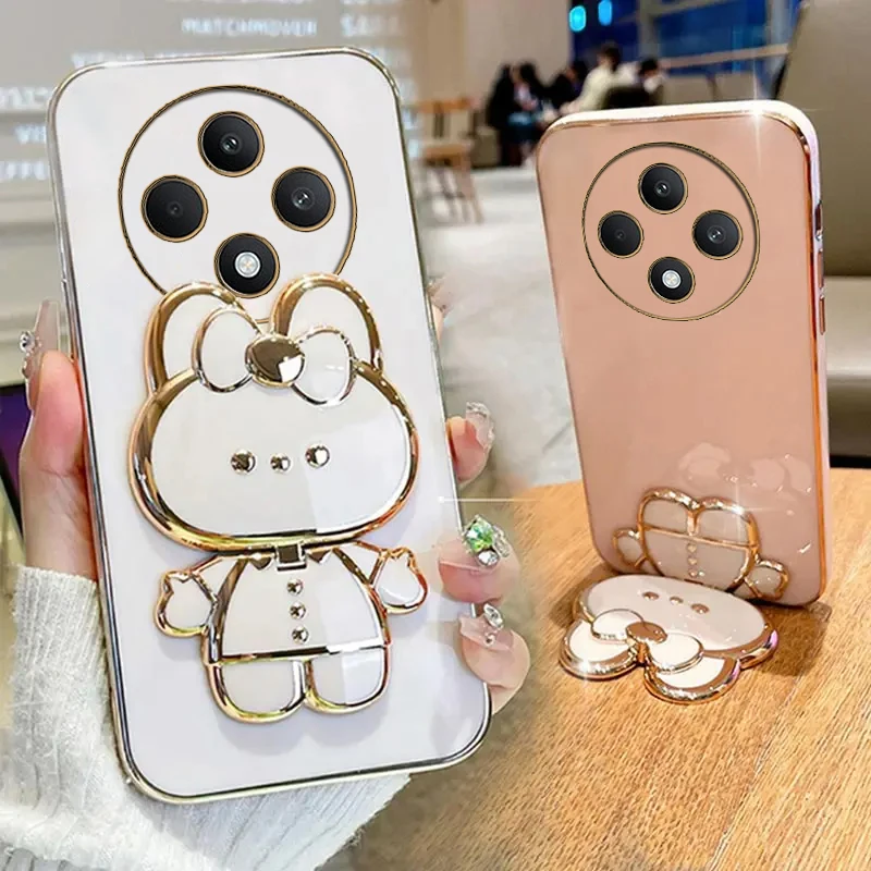 Makeup Mirror Cute Rabbit Phone Držiteľ puzdro na Oppo Reno 12f 12 F Reno12 F Reno12f Girl Woman Používa sa zadný kryt