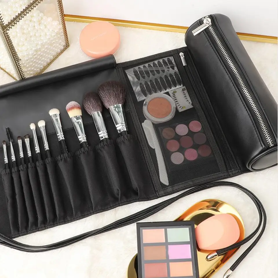 Makeup Storage Bag Cestovné faux kožené make -up kefové tašky Skladacie dizajn Viac vreciek pre make -up to toaletu Organizácia cestovanie