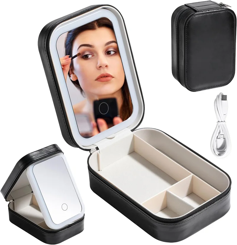 Makeup Tools Storage puzdro s LED zrkadlom Malé make -upové vrecko s osvetleným zrkadlom 3 farby nastaviteľné make -up zrkadlové úložné box