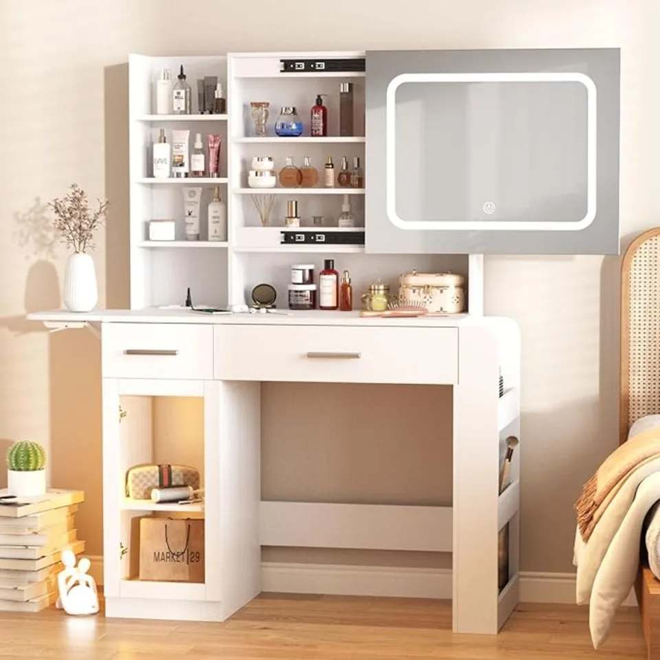 Makeup Vanity Desk so zrkadlom a automatickým snímačom a nabíjaním snímača, toaletný stolík so stolicou a 6 zásuviek, 39,5 
