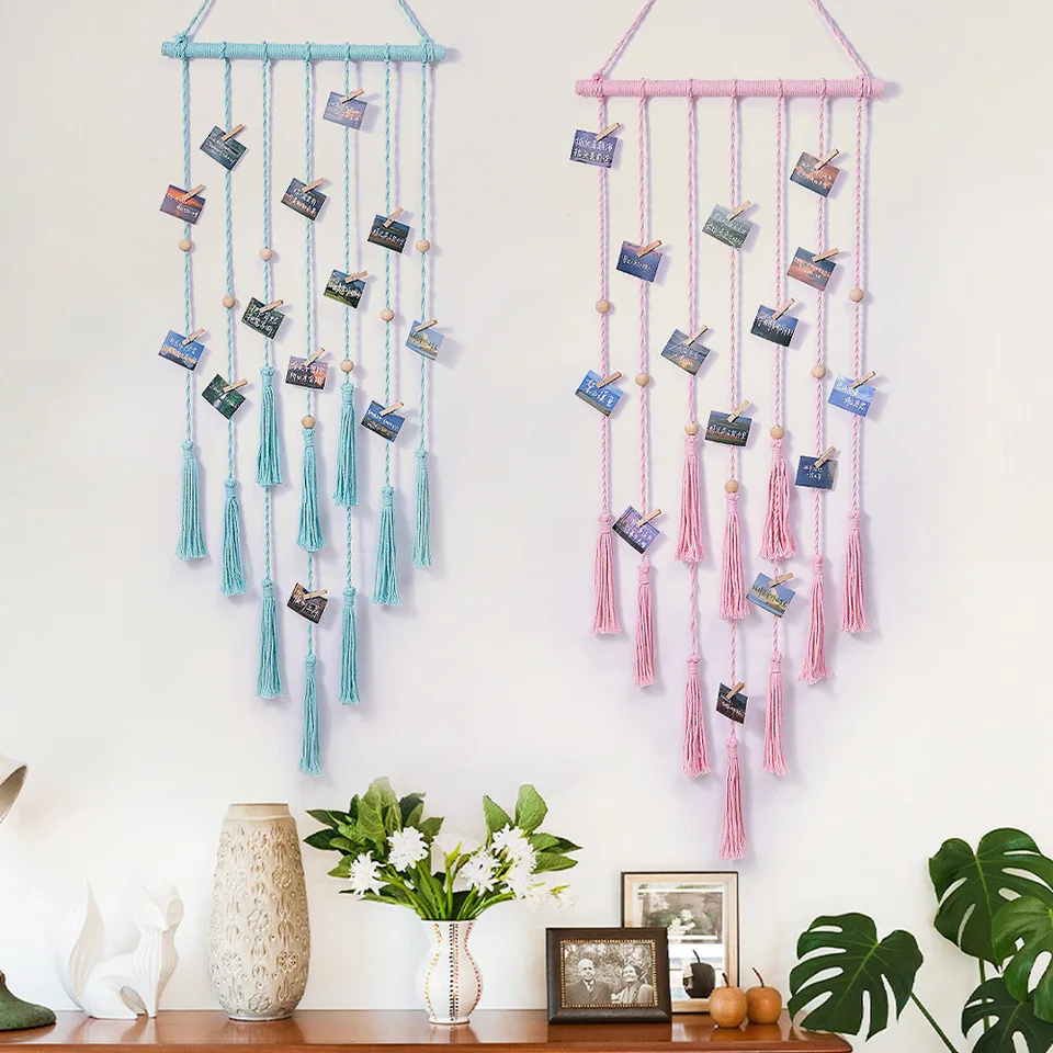 Makrame zavesenie fotografií displej boho ručné pletenie domáci dekor ornament remeselný darček pre domácu kanceláriu koľaj