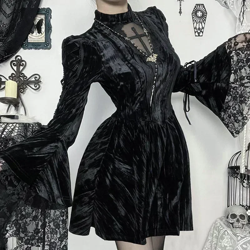 Mall Goth Fairycore gotické šaty Ženy estetické čipky Patchwork s rukávmi s vysokým pásom Halloween Dark Partywear