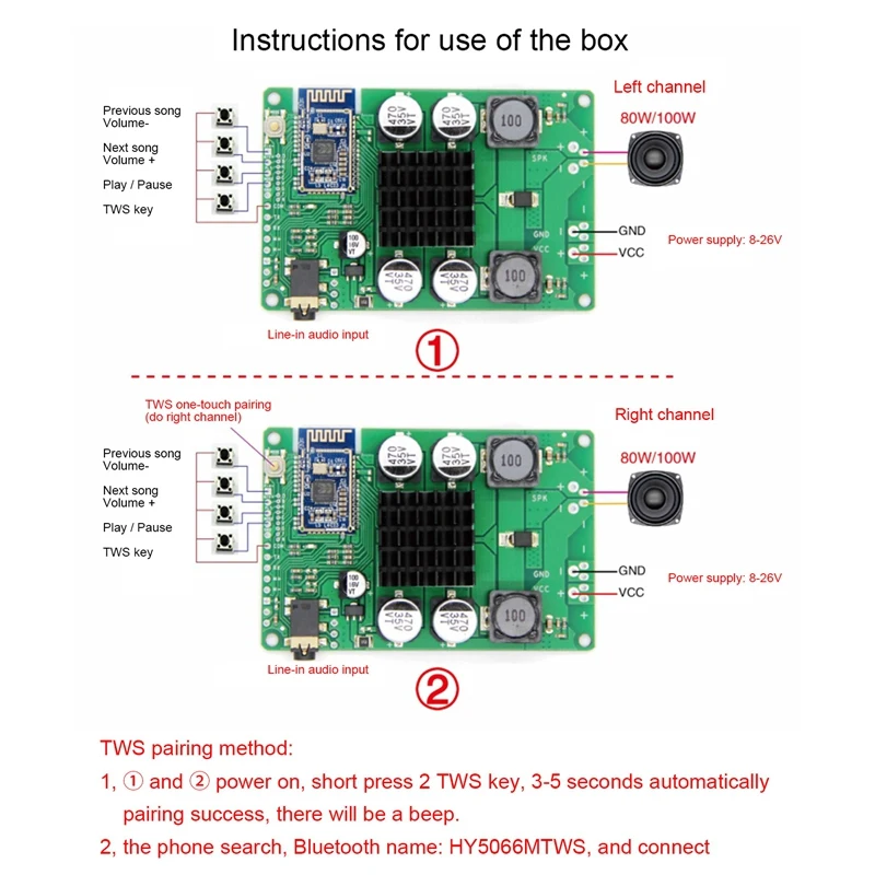 Maloobchodná doska Bluetooth 5.0 zosilňovača TWS AUX 80/100W Serial Port na zmenu názvu Mono Stereo Modul Wireless Stereo AmplificAdor