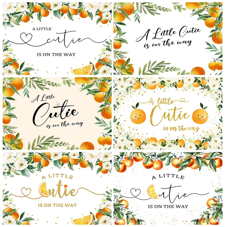 Malá cutie je na ceste na pozadí bábätiek Citrus oranžové pohlavie odhaľuje fotografovanie pozadia kvetinové foto stánky rekvizity